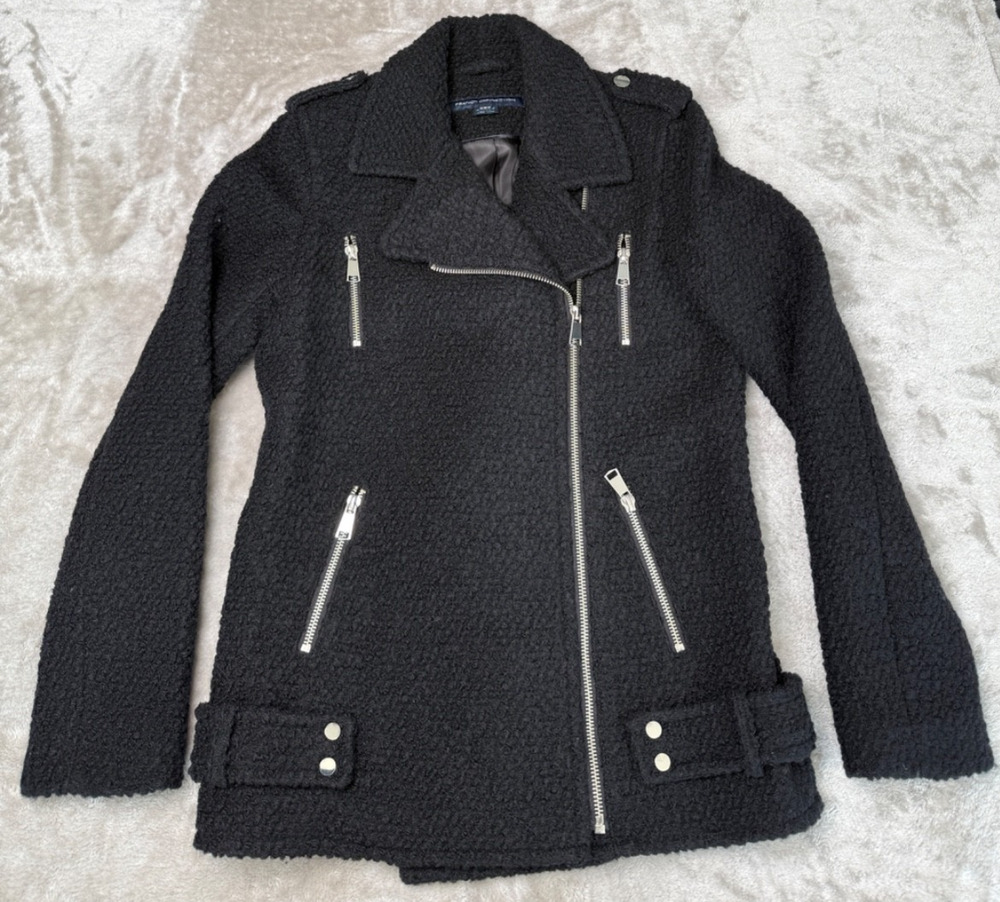 French Connection Black Boiled Wool Moto Jacket Womens Size 6